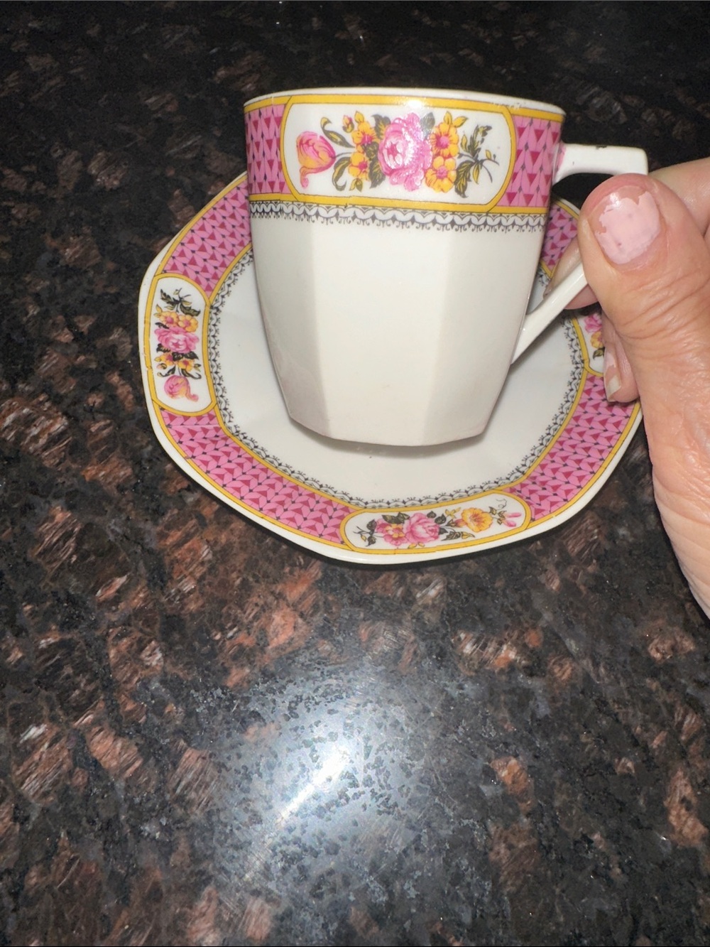 Limoges VTG Classic Pink Floral Porcelain Demittasse and Saucer Set